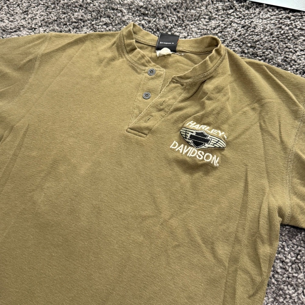 Vintage Harley Davidson Henley Shirt Mens Green Excellent Embroidered Logo